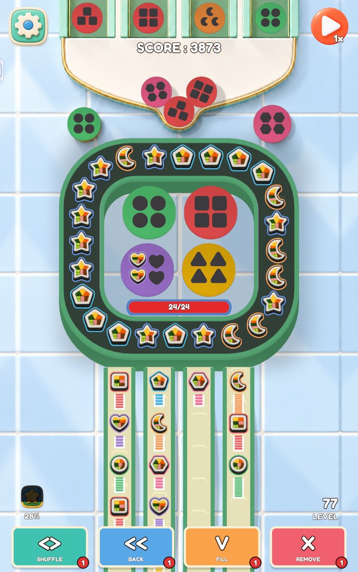 Roll Sort gameplay: sorting shape pieces on the ring belt